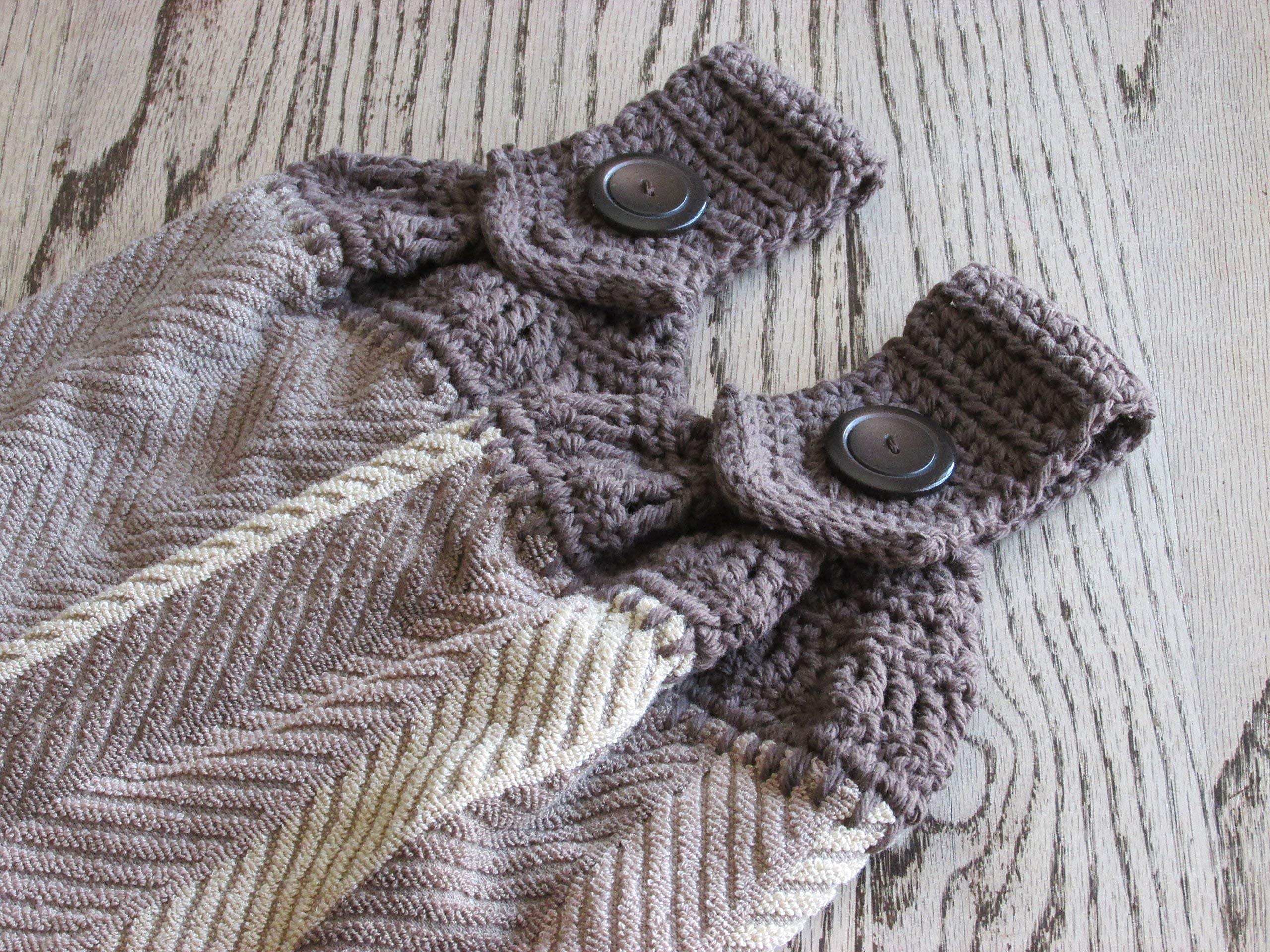 Set of 2 Brown & Tan Doubled Chevron Design Hanging Kitchen Towels with Brown Cotton Crochet Top - Best Quality