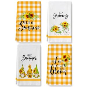 anydesign sunflower dish towel 18x28 inch spring summer tea towel orange white buffalo plaids flower dishcloth hello sunshine gnome decorative hand towel for bathroom cooking, 4pcs, a0196