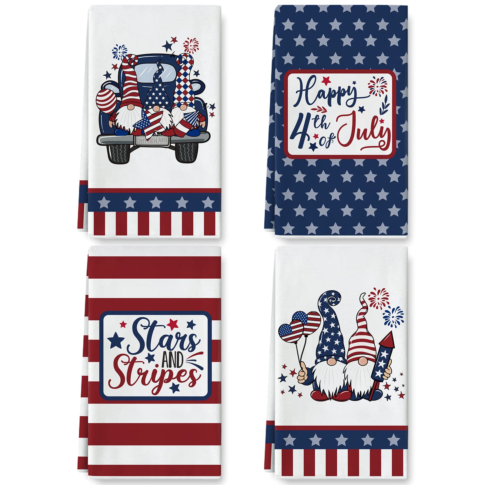 AnyDesign American Flag Gnome Truck Kitchen Towels 18 x 28 4th of July Dish Towels Patriotic Stars Stripes Decorative Hand Drying Tea Towel for Independence Day Memorial Day Cooking Baking, 4Pcs