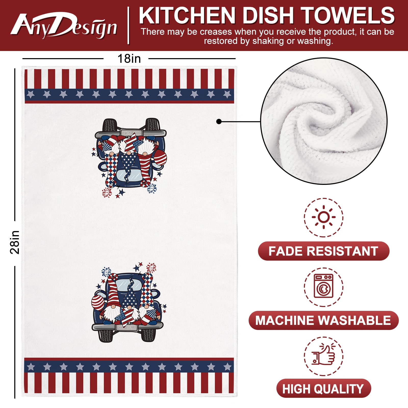 AnyDesign American Flag Gnome Truck Kitchen Towels 18 x 28 4th of July Dish Towels Patriotic Stars Stripes Decorative Hand Drying Tea Towel for Independence Day Memorial Day Cooking Baking, 4Pcs