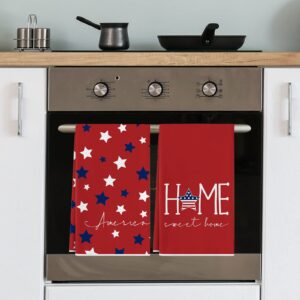 AnyDesign Patriotic Kitchen Towel 4th of July America Home Sweet Home Dish Towel 4th of July Red Blue White Stars Hand Drying Tea Towel for Independence Day Memorial Day Cooking Baking, 2Pcs