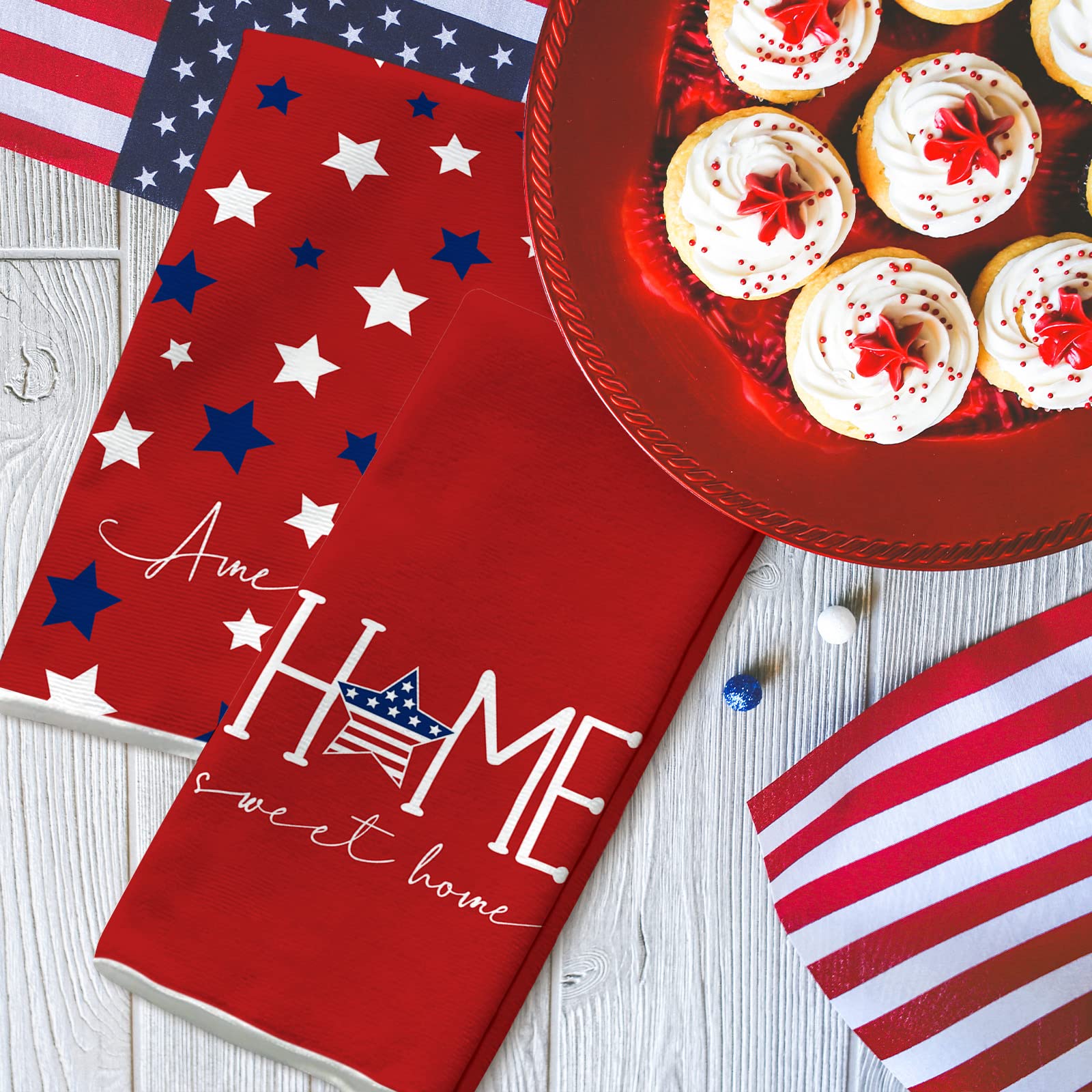 AnyDesign Patriotic Kitchen Towel 4th of July America Home Sweet Home Dish Towel 4th of July Red Blue White Stars Hand Drying Tea Towel for Independence Day Memorial Day Cooking Baking, 2Pcs