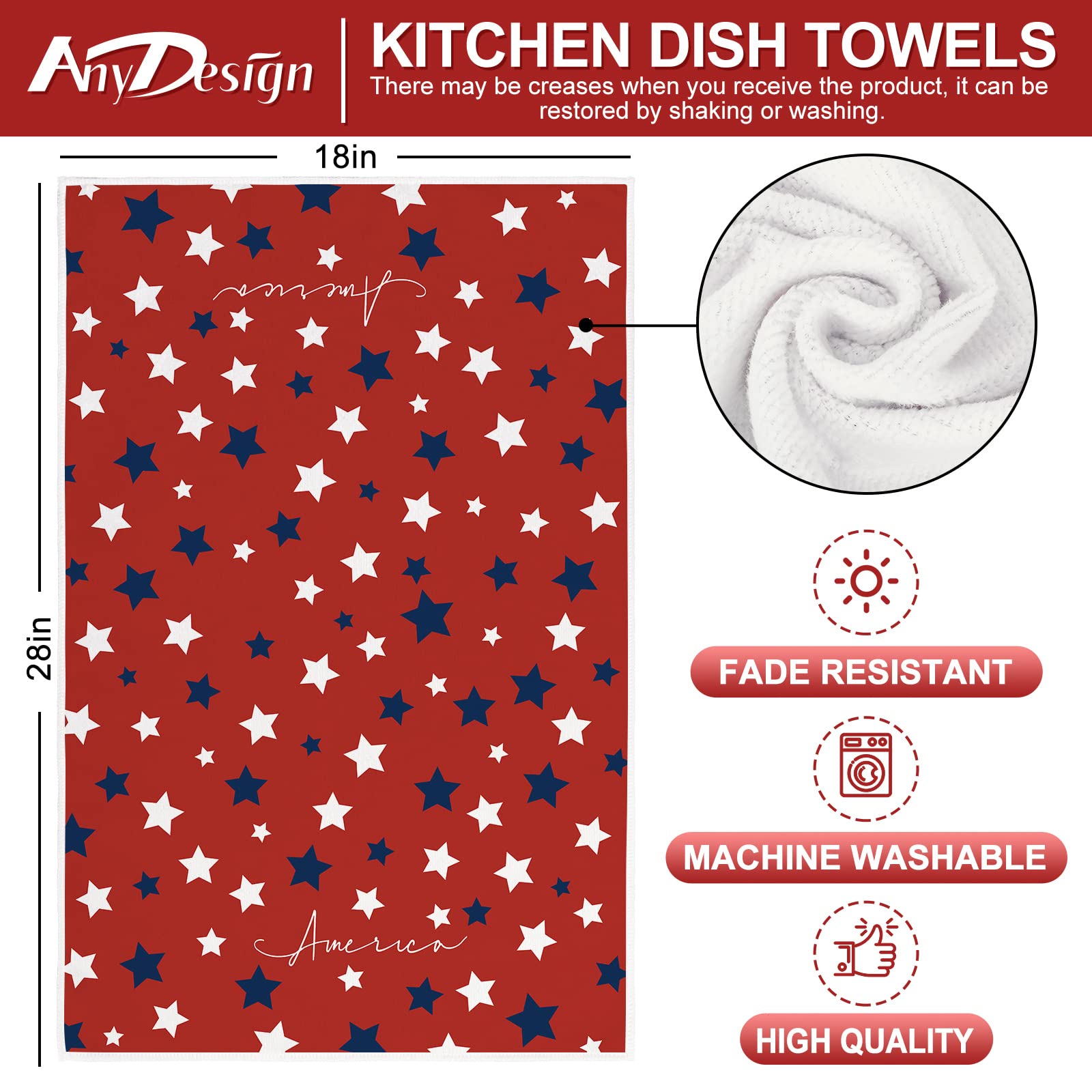 AnyDesign Patriotic Kitchen Towel 4th of July America Home Sweet Home Dish Towel 4th of July Red Blue White Stars Hand Drying Tea Towel for Independence Day Memorial Day Cooking Baking, 2Pcs