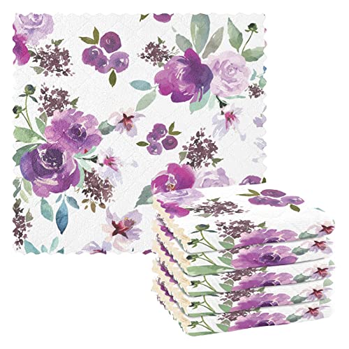 CaTaKu Purple Flower Microfiber Reusable Cleaning Cloths Kitchen Dish Cloths Dish Rags for Washing Dishes, Watercolor Rose Dish Towels Washcloths for Kitchen Drying, 6 Pack