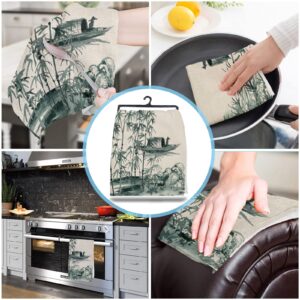PIEPLE Traditional Chinese Kitchen Towels - 4 Pack Microfiber Absorbent Dish Towels for Kitchen, Classic Mountain Floral Boat Painting Farmhouse Kitchen Hand Towels/Tea Towels/Bar Towels 18"x28"