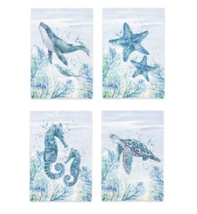 qodung watercolor ocean hand towel 16x24 inch set of 4,blue marine life sea creatures decorative drying cloth hand towels tea towels for kitchen