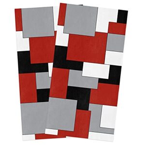 seven roses classic microfiber soft and absorbent kitchen towels, irregular geo color block wrinkle free dish towels for kitchen, white grey black red abstract geometric pack of 2, 18 x 28 inches