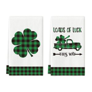 artoid mode buffalo plaid lucky clover shamrock truck kitchen dish towels, 18 x 26 inch seasonal st. patrick's day ultra absorbent drying cloth tea towels for cooking baking set of 2