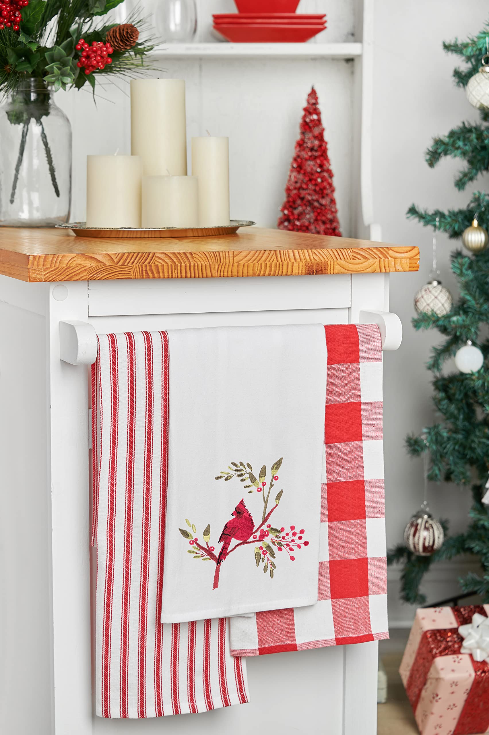 C&F Home Holiday Winter Themed Single Red Cardinal Embroidered Sitting on Red Berry Tree Flour Sack Christmas Dishtowel Decor Decoration 27L x 18W in. 18" x 27" White