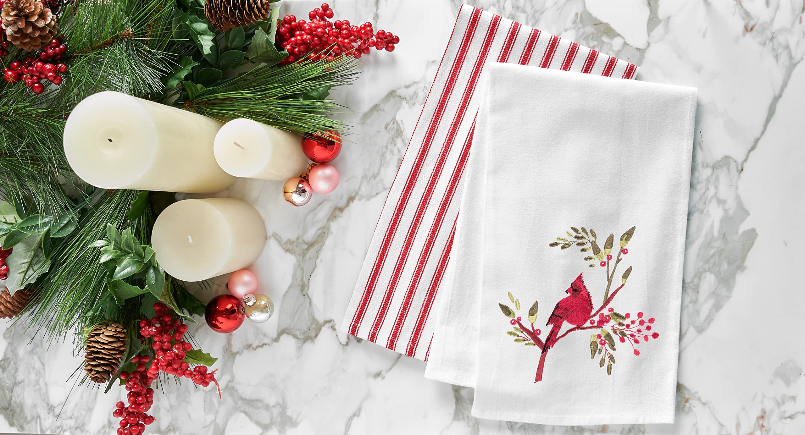 C&F Home Holiday Winter Themed Single Red Cardinal Embroidered Sitting on Red Berry Tree Flour Sack Christmas Dishtowel Decor Decoration 27L x 18W in. 18" x 27" White