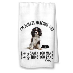 the creating studio personalized cavalier king charles spaniel kitchen towel, housewarming hostess gift always watching you (black/white with name)
