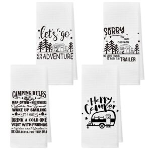 happy camper camping rules absorbent kitchen towels and dishcloths 16×24 inches set of 4,campsite rv cabin tent hand towel dish towel tea towel for kitchen bathroom decor,campers camping lovers gifts