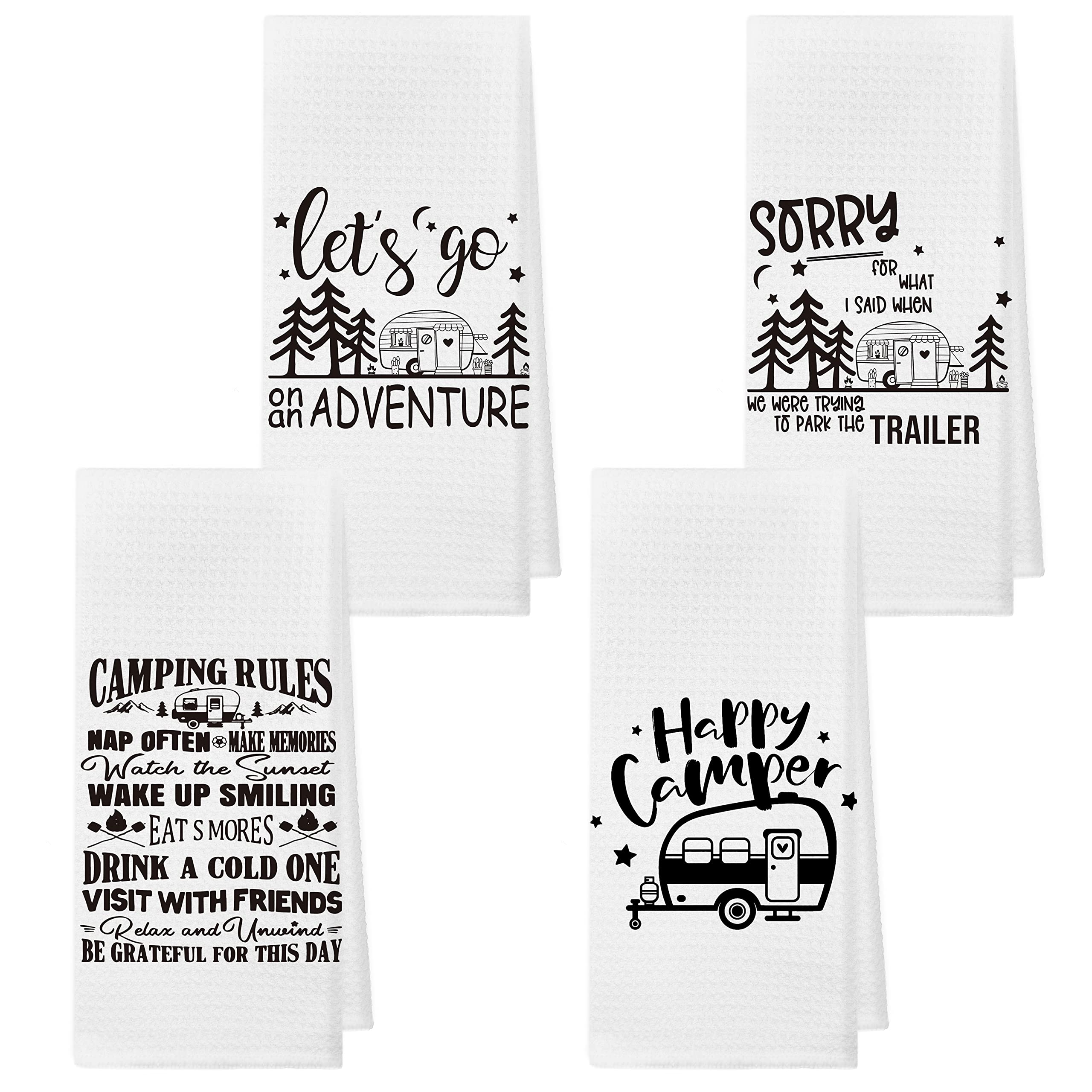 Happy Camper Camping Rules Absorbent Kitchen Towels And Dishcloths 16×24 Inches Set Of 4,Campsite RV Cabin Tent Hand Towel Dish Towel Tea Towel For Kitchen Bathroom Decor,Campers Camping Lovers Gifts