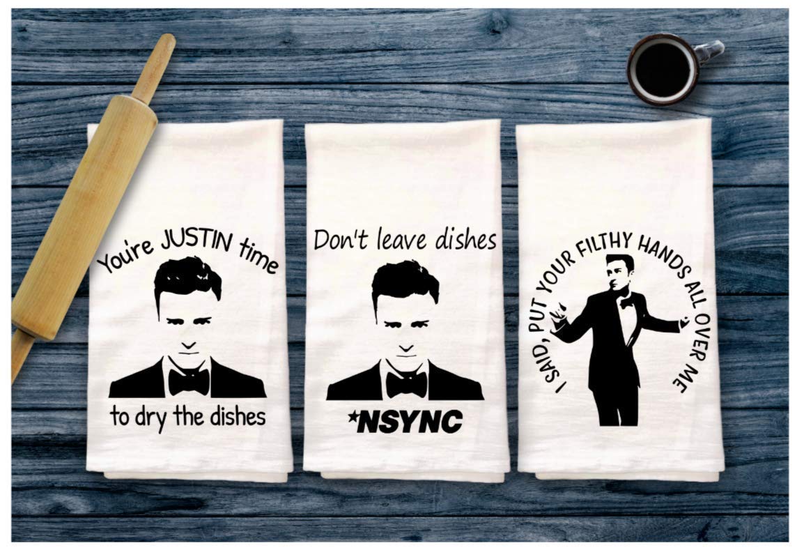 JT Justin Gifts, In sync, Funny Housewarming Gift, Kitchen Dish Towel Set, Gift for Best Friend, Boy Band Timber lake