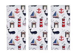 fillurbasket coastal kitchen towels set of 3 nautical towels with fish sailboats whales lighthouse ocean dish towels for kitchen 15”x25” 100% cotton