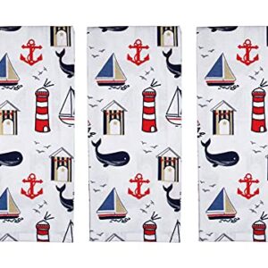 fillURbasket Coastal Kitchen Towels Set of 3 Nautical Towels with Fish Sailboats Whales Lighthouse Ocean Dish Towels for Kitchen 15”x25” 100% Cotton