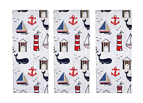 fillURbasket Coastal Kitchen Towels Set of 3 Nautical Towels with Fish Sailboats Whales Lighthouse Ocean Dish Towels for Kitchen 15”x25” 100% Cotton