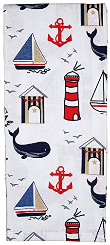 fillURbasket Coastal Kitchen Towels Set of 3 Nautical Towels with Fish Sailboats Whales Lighthouse Ocean Dish Towels for Kitchen 15”x25” 100% Cotton