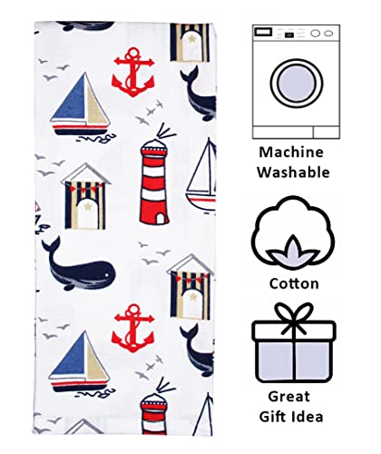 fillURbasket Coastal Kitchen Towels Set of 3 Nautical Towels with Fish Sailboats Whales Lighthouse Ocean Dish Towels for Kitchen 15”x25” 100% Cotton