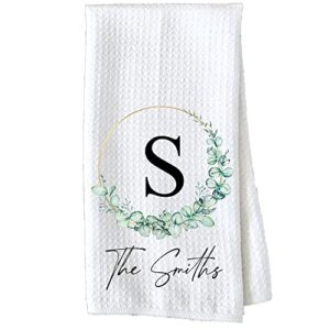 personalized kitchen towel | custom tea towel | family name dish towel | kitchen decor | hand towel | housewarming gift | monogram dishcloth (wreath 4)