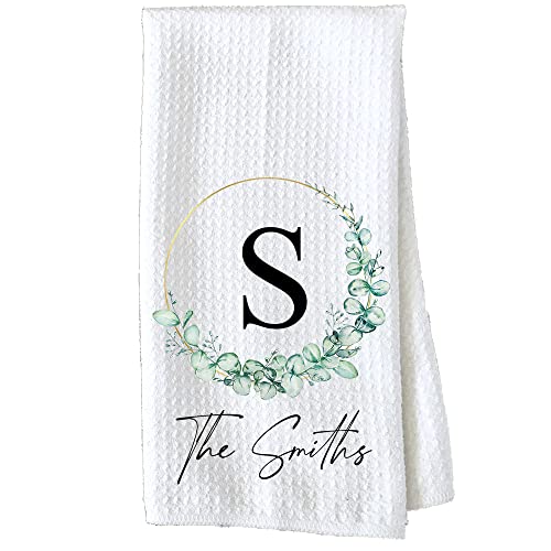 Personalized Kitchen Towel | Custom Tea Towel | Family Name Dish Towel | Kitchen Decor | Hand Towel | Housewarming Gift | Monogram Dishcloth (Wreath 4)