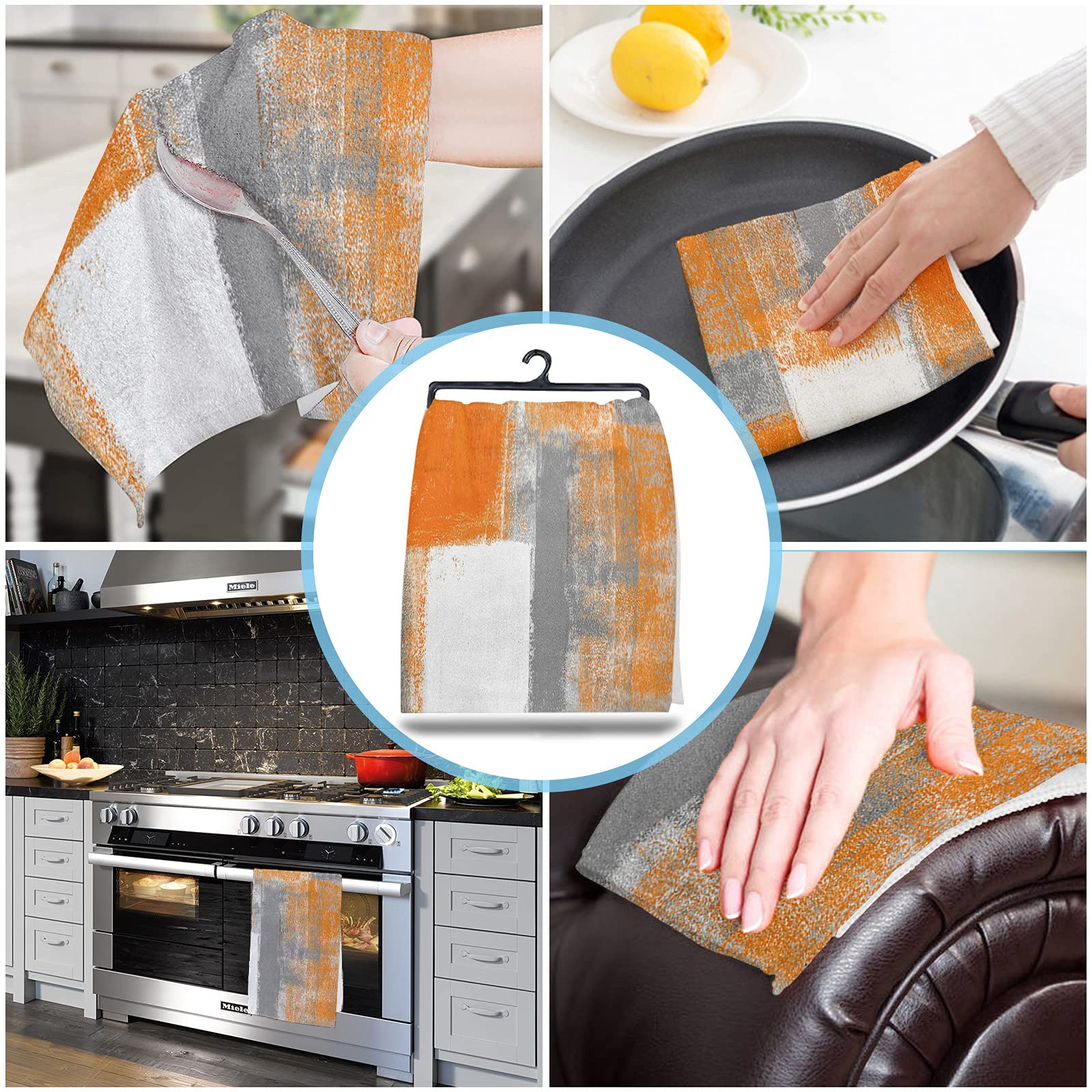 KID99inner Kitchen Towels Orange Grey Absorbent Tea Towel Soft Hand Dish Towel Brushstrokes Grunge Abstract Modern Reusable Washable Cleaning Cloth for Bathroom Bar for Everyday Cooking (Pack of 2)