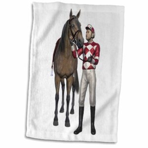 3d rose racing horse and red and white jockey from the front hand towel, 15" x 22", multicolor