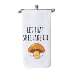 funny dish towel let that shiitake go mushroom pun waffle weave kitchen towel sweet housewarming gift (let that shiitake go)