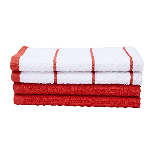 Amazon Basics 100% Cotton Soft & Absorbent, Popcorn Texture Terry Kitchen Cloth, Pack of 4, Red Stripe, 28"L x 16"W