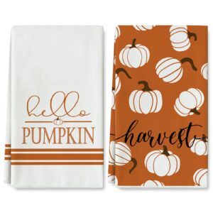 anydesign fall kitchen dish towel 18 x 28 inch hello pumpkin thanksgiving harvest tea towel autumn orange white dishcloth rustic farmhouse hand drying cloth towel for kitchen cooking baking, 2 pack