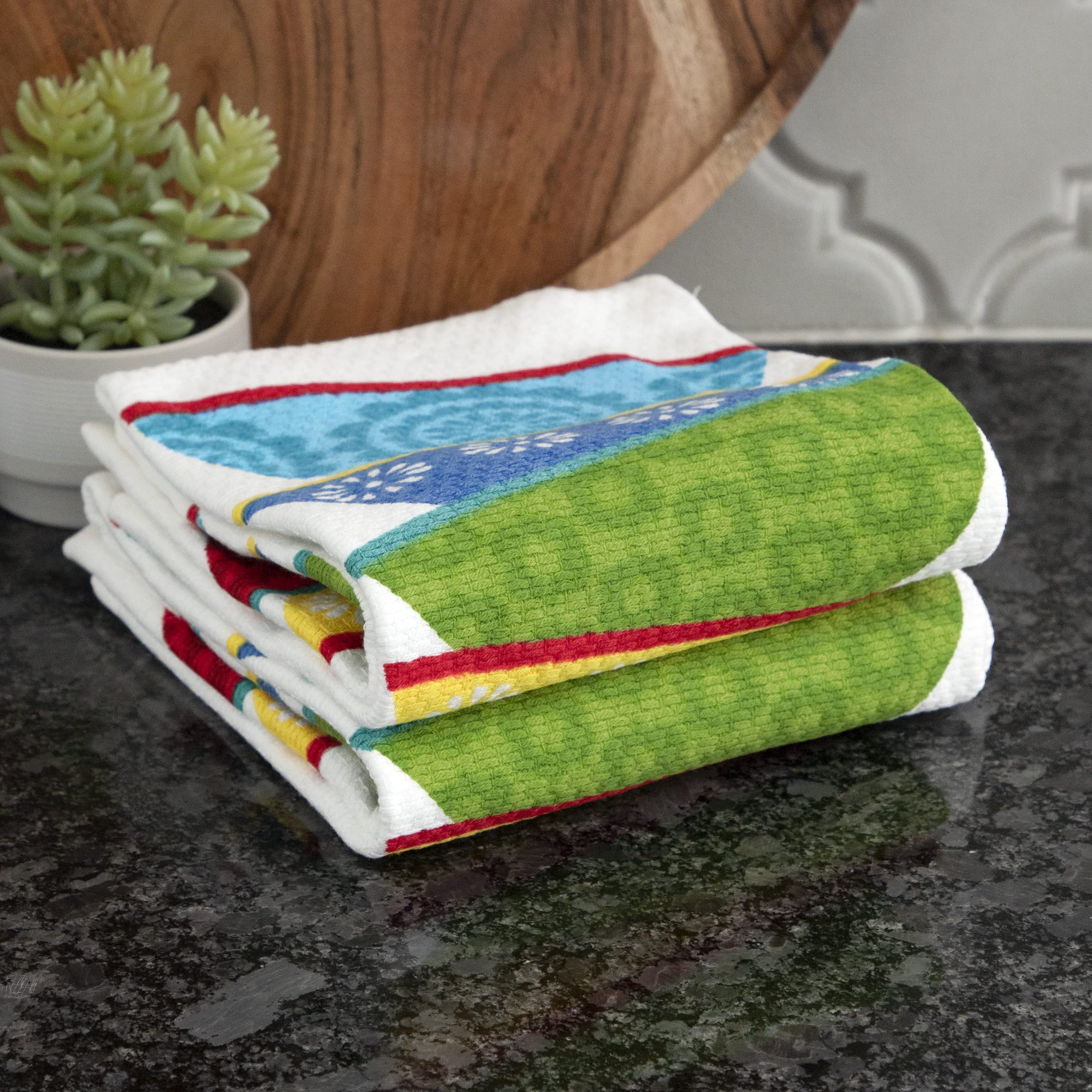 T-fal Textiles Double Sided Print Woven Cotton Kitchen Dish Towel Set, 2-pack, 16" x 26", Dish Stack Print