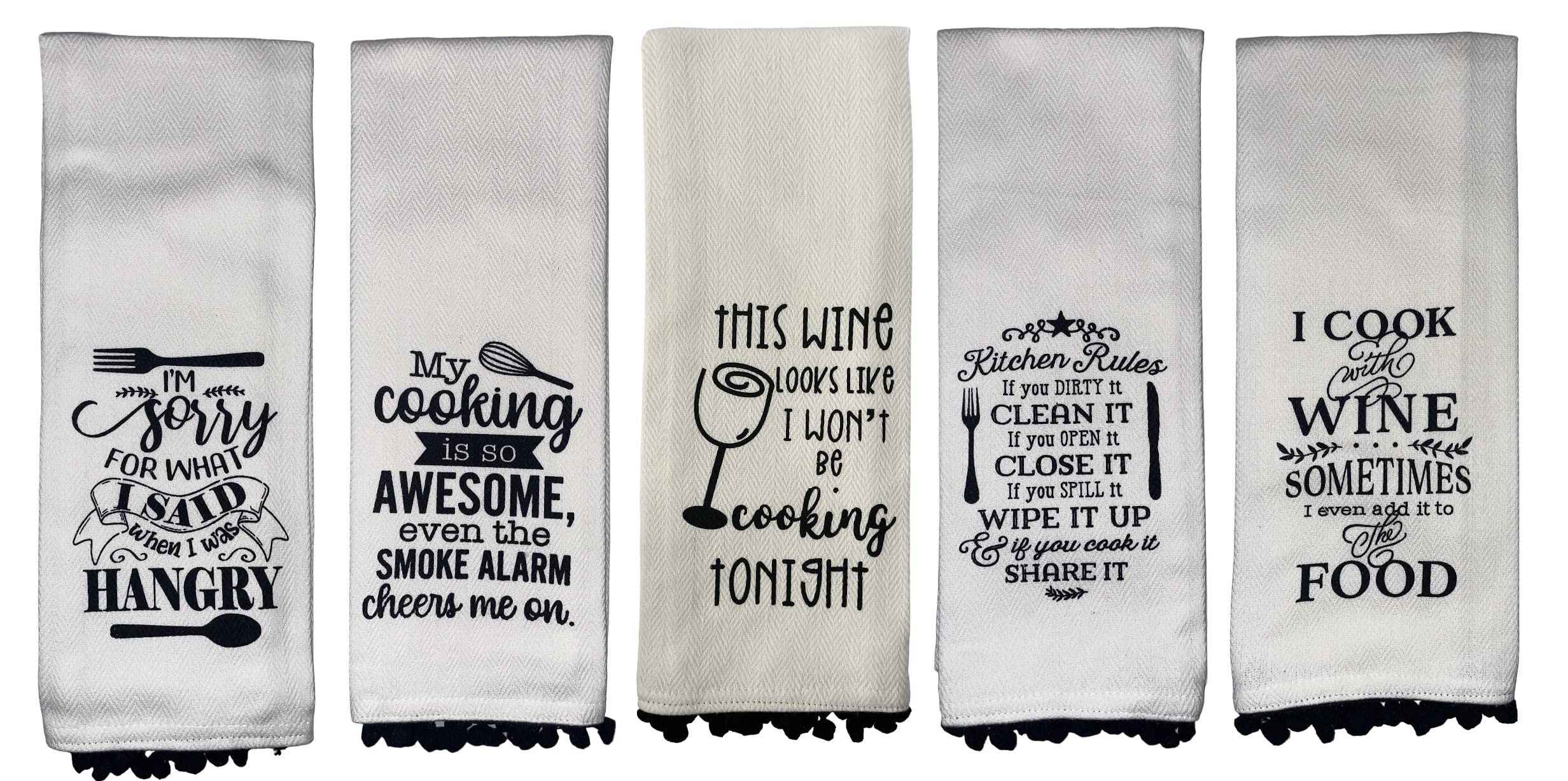 Set of 5, 100% Cotton Funny Cute Saying Pom Pom Design Flour Sack Kitchen Towels/Dish Towels for Wedding, Baby Shower, Home Decor, Housewarming, Other Occasions Size: 16 X 28 Inch.