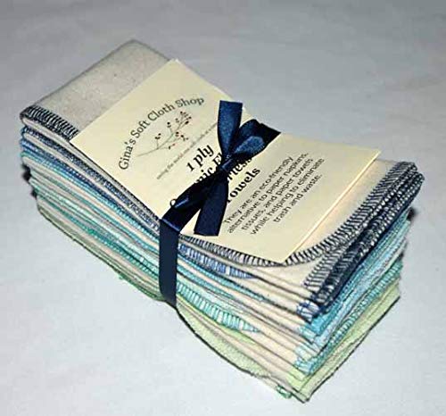 Gina's Soft Cloth Shop 1 Ply Organic Cotton Flannel Paperless Towels 11x12 Inches Set of 10 Blues and Greens