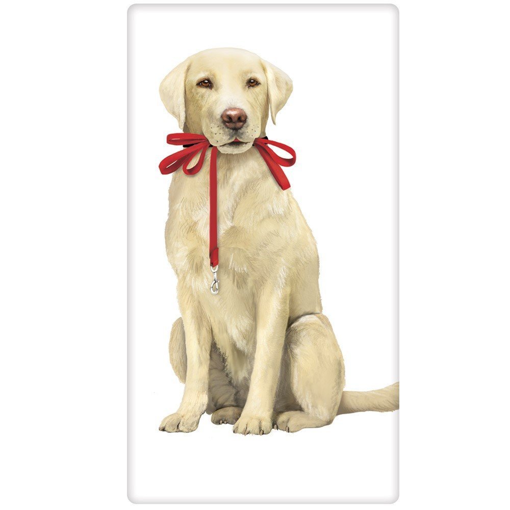 Mary Lake-Thompson Yellow Lab with Red Leash Flour Sack Dish Towel