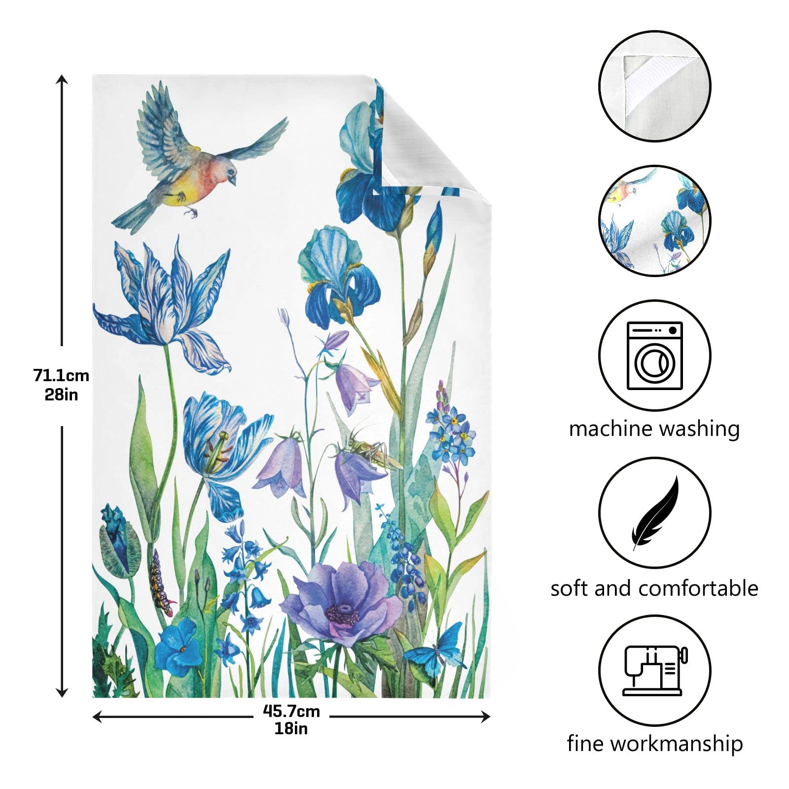 SLHKPNS Spring Blue Bird Flowers Kitchen Dish Towel Set of 4,Floral Summer Leaves 18x28in Absorbent Dishcloth Reusable Cleaning Cloths for Household Use