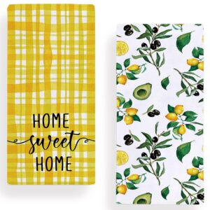 watercolor lemon olive kitchen dish towel 18 x 28 inch set of 2, spring summer yellow lemon tea towels dish cloth for cooking baking