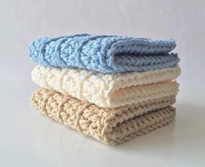 handmade crochet washcloths set of 3, 100% cotton, dish cloths, dish towels, baby wipes, baby washcloths, spa cloths, blue cotton washcloths, linen