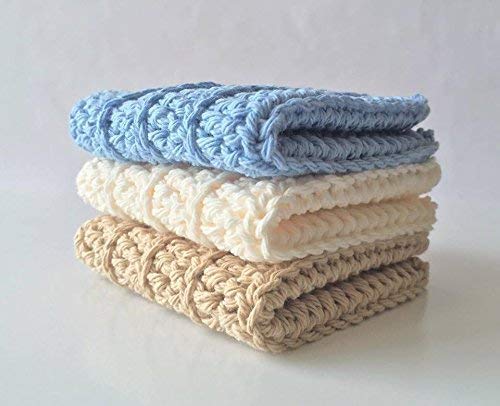 Handmade Crochet Washcloths set of 3, 100% cotton, Dish cloths, Dish Towels, Baby wipes, Baby washcloths, Spa Cloths, Blue Cotton Washcloths, linen