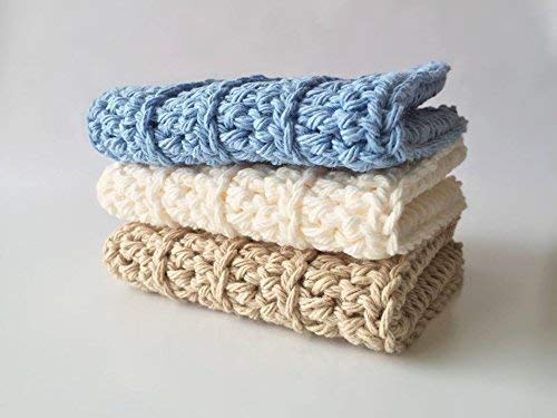 Handmade Crochet Washcloths set of 3, 100% cotton, Dish cloths, Dish Towels, Baby wipes, Baby washcloths, Spa Cloths, Blue Cotton Washcloths, linen