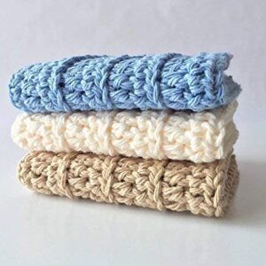 Handmade Crochet Washcloths set of 3, 100% cotton, Dish cloths, Dish Towels, Baby wipes, Baby washcloths, Spa Cloths, Blue Cotton Washcloths, linen