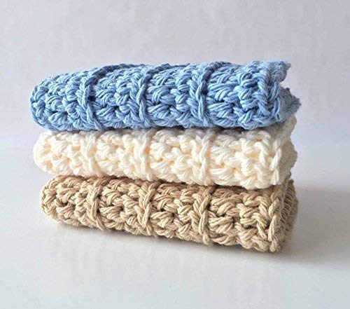 Handmade Crochet Washcloths set of 3, 100% cotton, Dish cloths, Dish Towels, Baby wipes, Baby washcloths, Spa Cloths, Blue Cotton Washcloths, linen