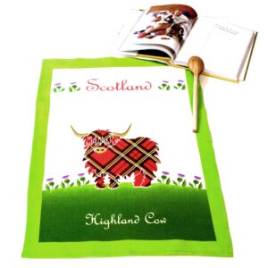 royal tara scottish cotton tea towel with highland red tartan cow - scotland thistle kitchen dish cloth h67cm w45cm