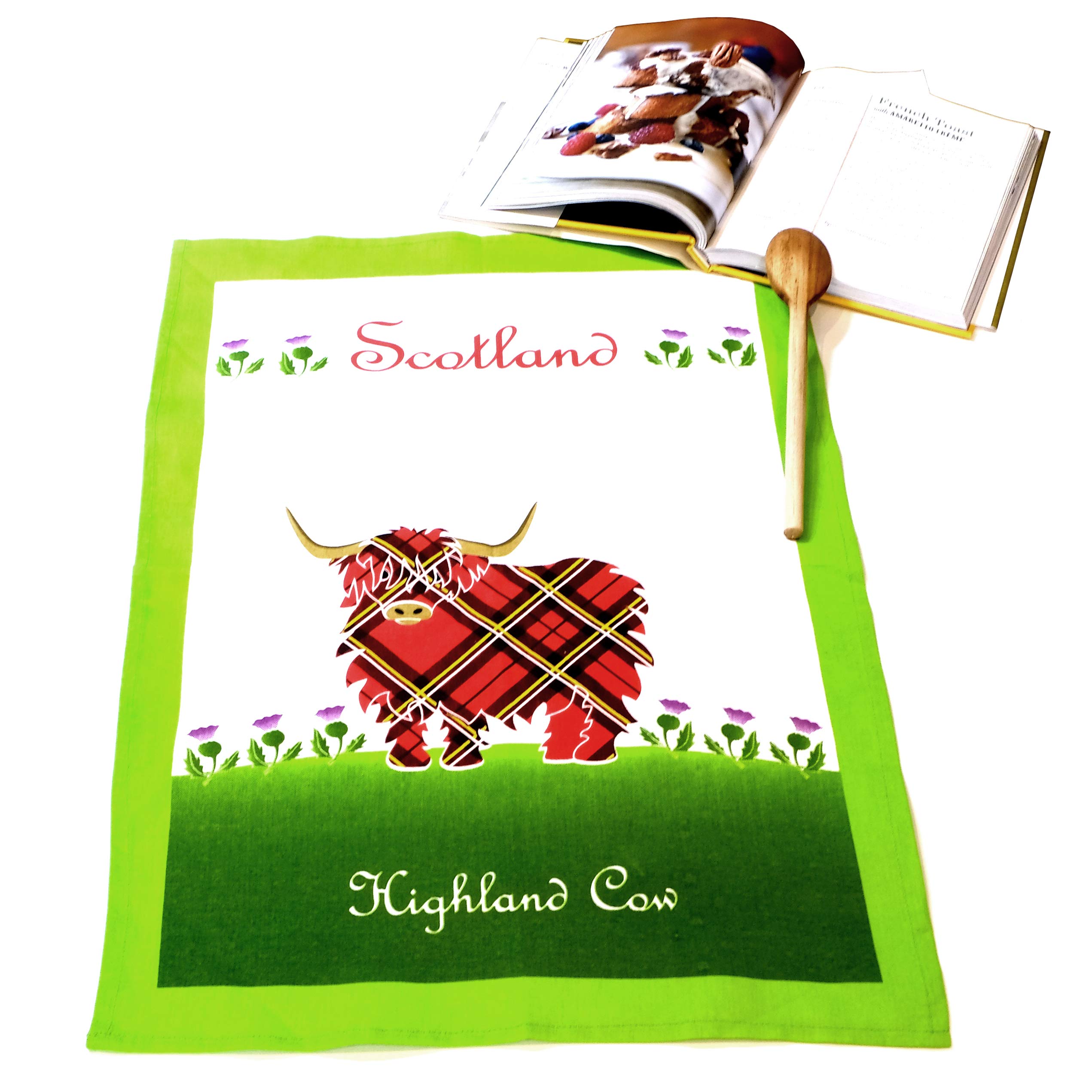 Royal Tara Scottish Cotton Tea Towel with Highland Red Tartan Cow - Scotland Thistle Kitchen Dish Cloth H67cm W45cm