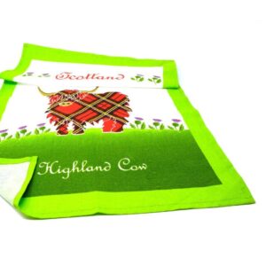 Royal Tara Scottish Cotton Tea Towel with Highland Red Tartan Cow - Scotland Thistle Kitchen Dish Cloth H67cm W45cm