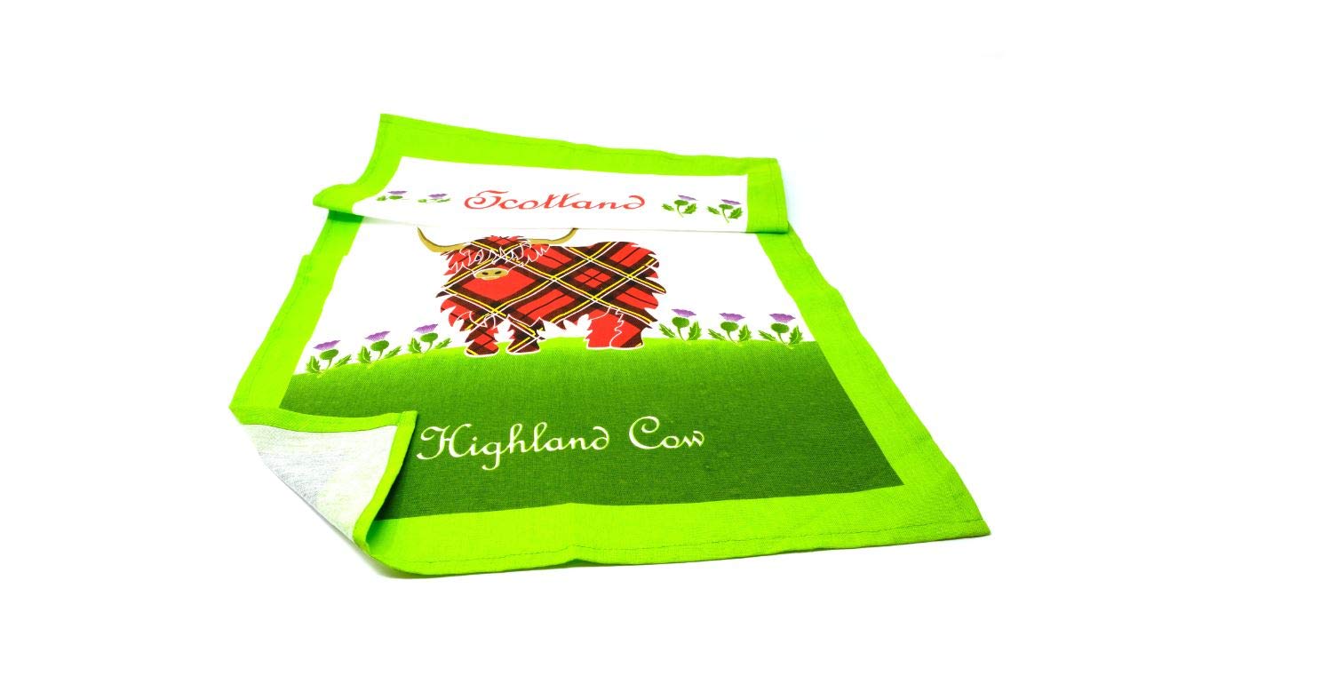 Royal Tara Scottish Cotton Tea Towel with Highland Red Tartan Cow - Scotland Thistle Kitchen Dish Cloth H67cm W45cm