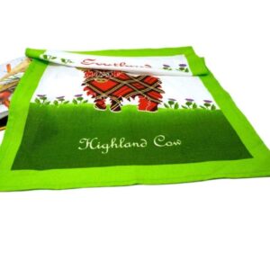 Royal Tara Scottish Cotton Tea Towel with Highland Red Tartan Cow - Scotland Thistle Kitchen Dish Cloth H67cm W45cm