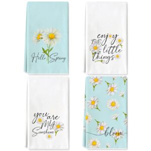 anydesign spring kitchen dish towel daisy flower dishcloth rustic blue white floral hand drying tea towel for cooking baking cleaning wipes supplies, 18 x 28 inch, set of 4