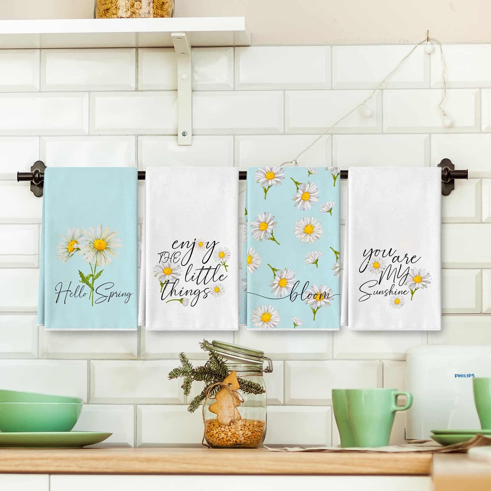 AnyDesign Spring Kitchen Dish Towel Daisy Flower Dishcloth Rustic Blue White Floral Hand Drying Tea Towel for Cooking Baking Cleaning Wipes Supplies, 18 x 28 Inch, Set of 4