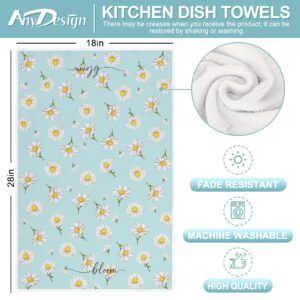 AnyDesign Spring Kitchen Dish Towel Daisy Flower Dishcloth Rustic Blue White Floral Hand Drying Tea Towel for Cooking Baking Cleaning Wipes Supplies, 18 x 28 Inch, Set of 4