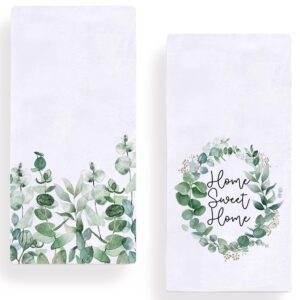 watercolor eucalyptus leaves home sweet home kitchen dish towel 18 x 28 inch, summer greenery tea towels dish cloth for cooking baking set of 2